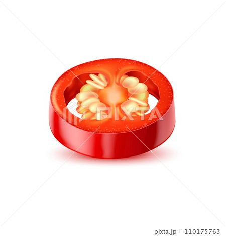 Realistic raw isolated chili pepper ring. 3d vector circular slice of a chilly pod, vibrant cross section interior with seeds cluster. Red and spicy jalapeno with glossy skin, ready to be cooked Realistic raw isolated chili pepper ring. 3d vector circular slice of a chilly pod, vibrant cross section interior with seeds cluster. Red and spicy jalapeno with glossy skin, ready to be cooked 110175763