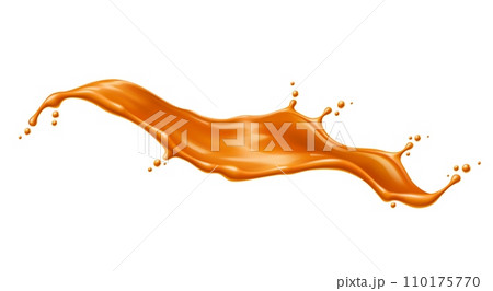 Caramel sauce flow wave splash. Vector 3d splash of milk cream toffee candy with drops and ripples. Realistic liquid brown syrup of melted sugar, butter and cream, dessert food or confectionery 110175770