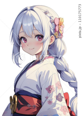 花の柄の着物を着た女の子のイラスト 110175773