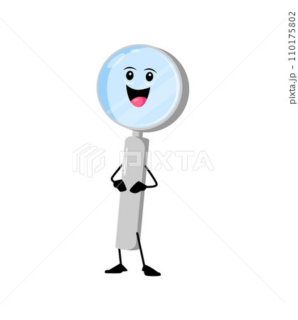 Cartoon cheerful funny magnifying glass school stationery character. Isolated vector loupe with big eyes and a smile, standing tall with its handle, ready to explore and uncover hidden mysteries 110175802