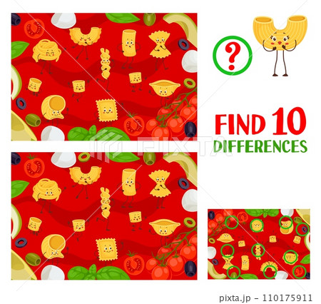 Find ten differences in group of funny italian pasta characters puzzle quiz game on vector background with tomato and basil. Noodle food worksheet of tagliatelle, farfalle, ravioli, eliche personages 110175911