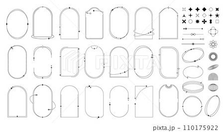 Minimal line figures, frames and borders, star twinkles and sparkles or arch shapes. Isolated monochrome vector linear set of simple outline linear arcs and circles with celestial magical elements Minimal line figures, frames and borders, star twinkles and sparkles or arch shapes. Isolated monochrome vector linear set of simple outline linear arcs and circles with celestial magical elements 110175922