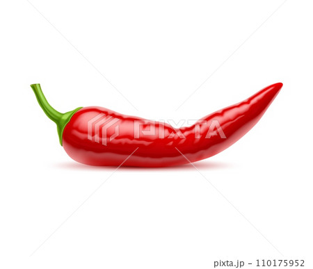 Realistic raw isolated whole chili pepper. 3d vector vibrant and bountiful red, hot chilly, paprika or Spicy Mexican jalapeno pod plant. Natural spice, adding flavor to culinary creations and dishes 110175952