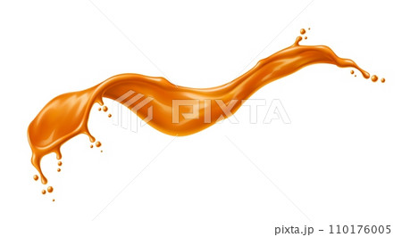 Caramel syrup splash, sauce wave swirl. Isolated golden flow with drops. Juice or toffee squirt. Realistic 3d vector drink slop, liquid sugar candy wavy splosh with creamy texture and spray droplets 110176005