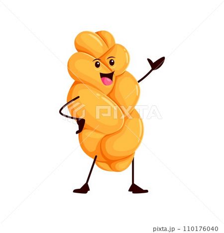 Cartoon funny braided bread character. Isolated vector whimsical crusty challah loaf personage, golden and aromatic, with friendly smile and delightful twist ready to bring joy to any bakery adventure Cartoon funny braided bread character. Isolated vector whimsical crusty challah loaf personage, golden and aromatic, with friendly smile and delightful twist ready to bring joy to any bakery adventure 110176040