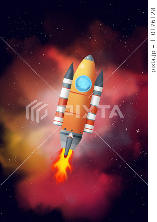 Cartoon Rocket in space. 110176128