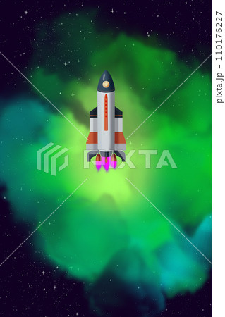 Rocket flying against fantastic green cloud of gas nebula in the starry cosmos. Rocket flying against fantastic green cloud of gas nebula in the starry cosmos. 110176227