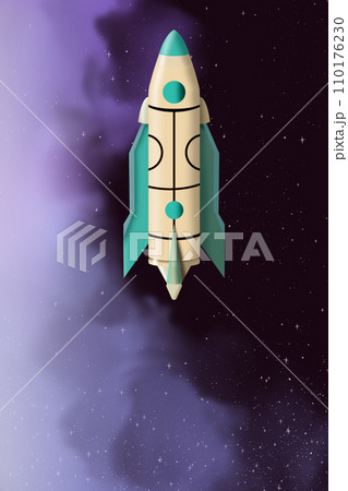 Fantastic cartoon rocket on the background of nebulae and starry space. 110176230