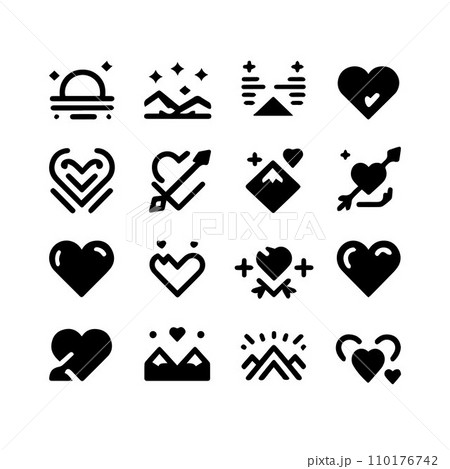 Black silhouette heart flat icon set isolated on white for Health care, wedding, Valentine day card. Black silhouette heart flat icon set isolated on white for Health care, wedding, Valentine day card. 110176742