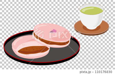ピンク色の桜どら焼きとお茶 110176830