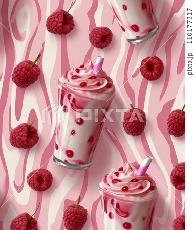 AI-generated content. Raspberry milkshakes in elegant glasses decorated with whipped cream, fresh ripe raspberries and cocktail straws. Pink background, seamless pattern. 110177317