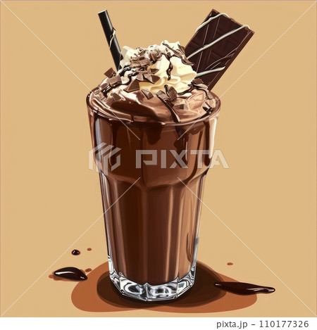 AI-generated content. Chocolate milkshake in elegant glass decorated with whipped cream, chocolate topping, chocolate bar pieces and cocktail straw. Isolated on beige background. 110177326