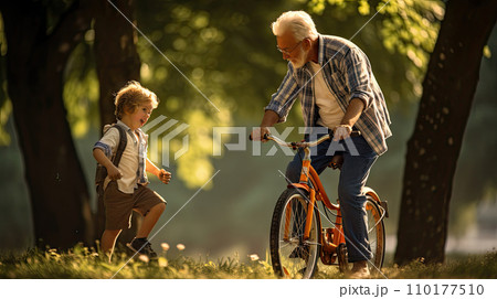 grandfather teaches grandson to ride a bikeのイラスト素材 [110177510] - PIXTA