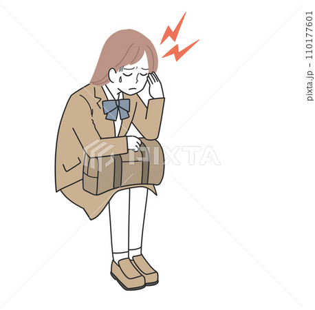 頭痛が酷くて座り込む女子学生 110177601
