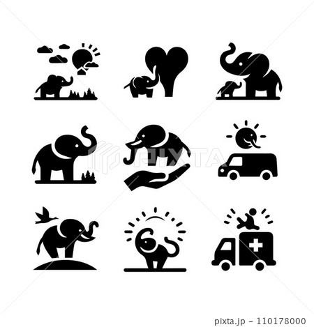 Elephant collection, Set of editable vector silhouettes icon in various poses 110178000
