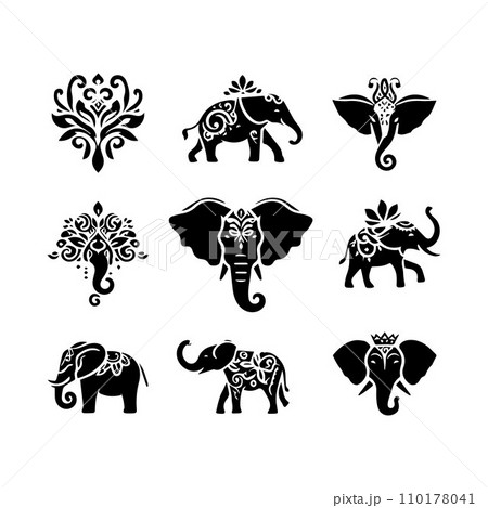 Elephant collection, Set of editable vector silhouettes icon in various poses 110178041