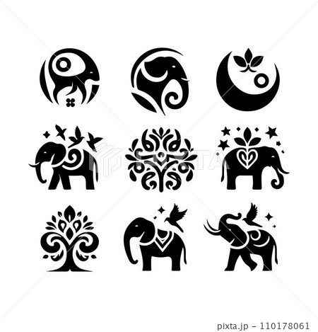 Elephant collection, Set of editable vector silhouettes icon in various poses 110178061