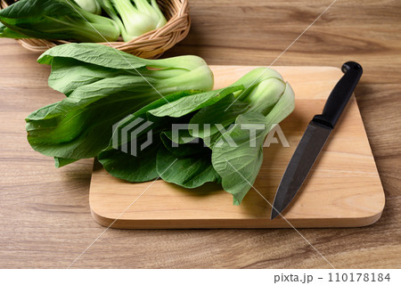 Bok choy or Pak choi (Chinese cabbage) on cutting wooden board prepare for cooking Bok choy or Pak choi (Chinese cabbage) on cutting wooden board prepare for cooking 110178184