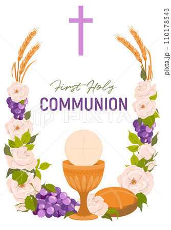 Symbols of the first communion. Vector. Golden bowl for wine, crucifix, bread, wine, grapes, white roses. An invitation to celebrate the Eucharist. Festively decorated altar. 110178543