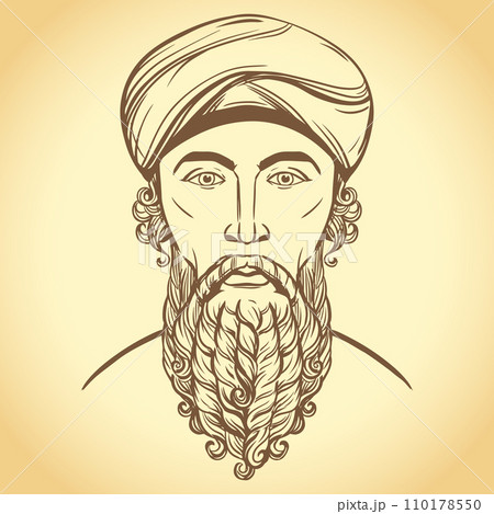 Zarathushtra is the spiritual founder of the religion of Zoroastrianism. Portrait of ancient Iranian prophet. Vector portrait of a Persian man. Bearded man in keffiyeh. Line drawing in engraving style 110178550