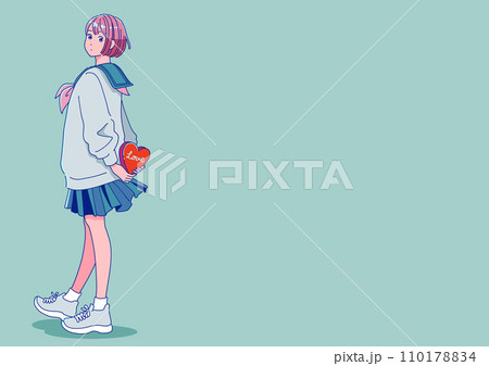 後ろ手にチョコレートを持つレトロポップな女子生徒 110178834