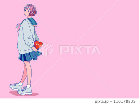 後ろ手にチョコレートを持つレトロポップな女子生徒 110178835