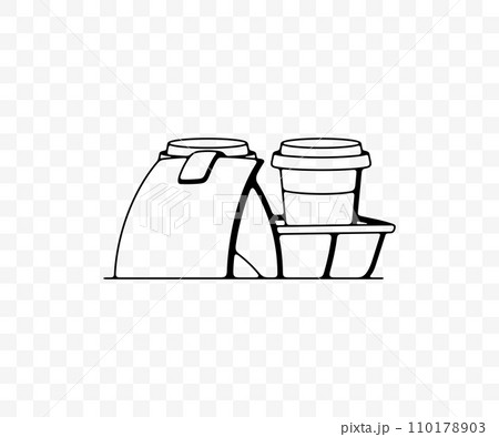 Coffee in paper cups and food, linear graphic design. Drink, hot drink, takeaway, meal and drinking, vector design and illustration Coffee in paper cups and food, linear graphic design. Drink, hot drink, takeaway, meal and drinking, vector design and illustration 110178903