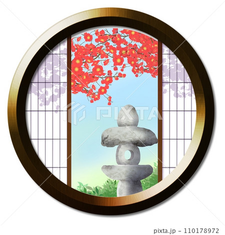 丸窓から見える紅梅の風景 丸窓から見える紅梅の風景 110178972