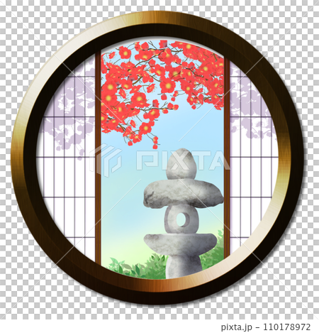 丸窓から見える紅梅の風景 丸窓から見える紅梅の風景 110178972