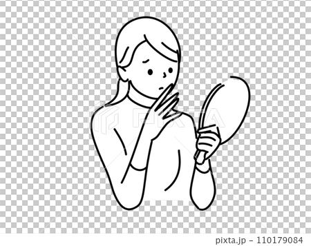 A woman looking at a hand mirror and worrying about her skin condition A woman looking at a hand mirror and worrying about her skin condition 110179084