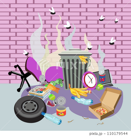 Garbage bin with unsorted waste next to a brick wall. Flies over organic and industrial waste. Vector illustration 110179544