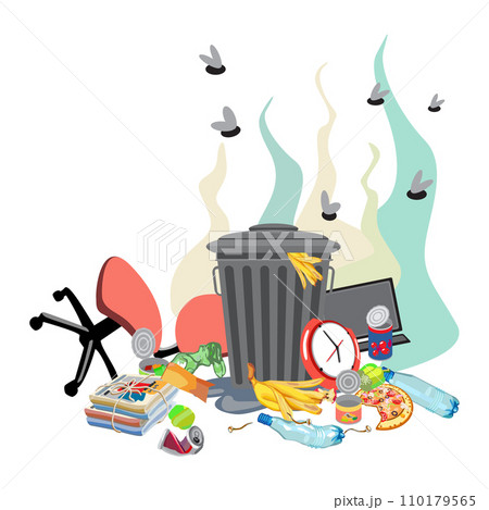 Garbage can with unsorted waste and broken furniture on a white background. Dirty puddle with organic and industrial waste. Vector illustration Garbage can with unsorted waste and broken furniture on a white background. Dirty puddle with organic and industrial waste. Vector illustration 110179565