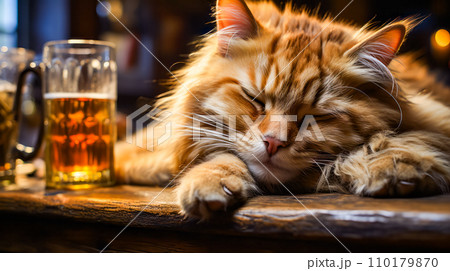 Close up of cat laying on table next to glass of beer. Generative AI Close up of cat laying on table next to glass of beer. Generative AI 110179870