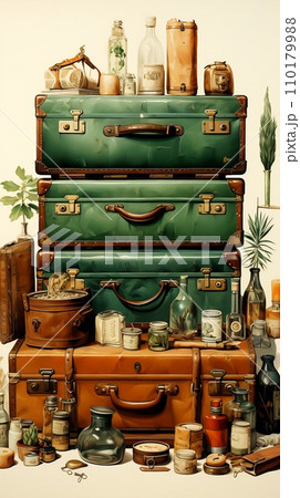 Stack of green suitcases sitting on top of each other. Generative AI 110179988