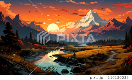 Image of mountain landscape with river in the foreground. Generative AI 110180035