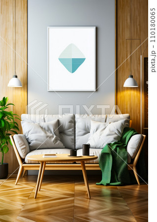 Living room with white couch and green blanket. Generative AI 110180065