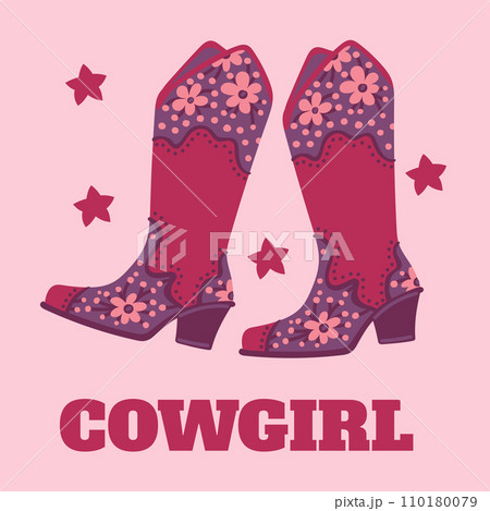 Wild west cowgirl boots with floral print, pink stylish leather shoes vintage style retro western footwear vector poster 110180079
