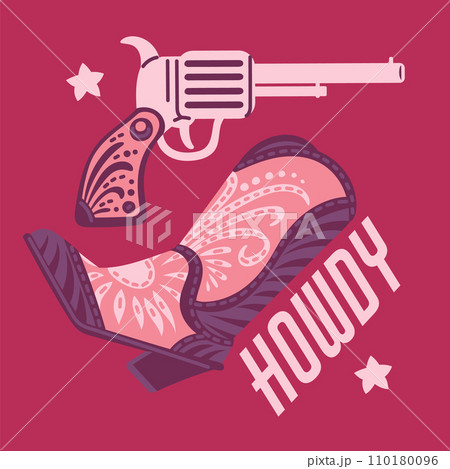 Wild west cowgirl boot with gun, Western retro female footwear and revolver vector poster on pink, vintage accessories Wild west cowgirl boot with gun, Western retro female footwear and revolver vector poster on pink, vintage accessories 110180096