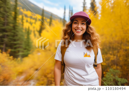 Woman with backpack and hat on posing for picture. Generative AI Woman with backpack and hat on posing for picture. Generative AI 110180494