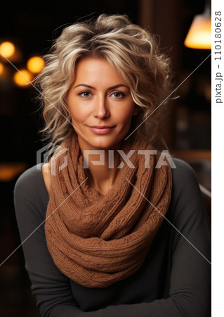 Woman with blonde hair wearing scarf and black shirt. Generative AI Woman with blonde hair wearing scarf and black shirt. Generative AI 110180628