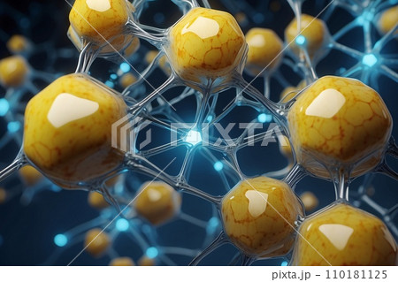 Abstract geometric background. DNA with hexagons. Structure of human brain cells, DNA neurons glowing light blue and yellow colors. Medicine, technology, communication concept. Abstract geometric background. DNA with hexagons. Structure of human brain cells, DNA neurons glowing light blue and yellow colors. Medicine, technology, communication concept. 110181125