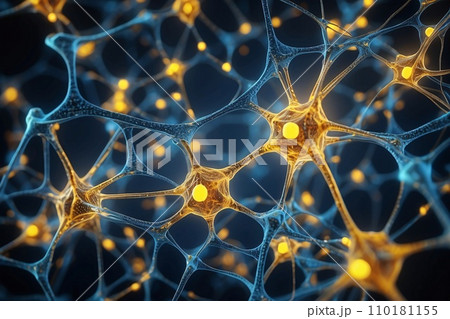 Abstract geometric background. DNA with hexagons. Structure of human brain cells, DNA neurons glowing light blue and yellow colors. Medicine, technology, communication concept. 110181155
