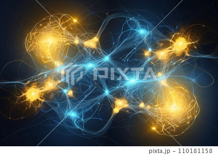 Abstract geometric background. DNA with hexagons. Structure of human brain cells, DNA neurons glowing light blue and yellow colors. Medicine, technology, communication concept. 110181158