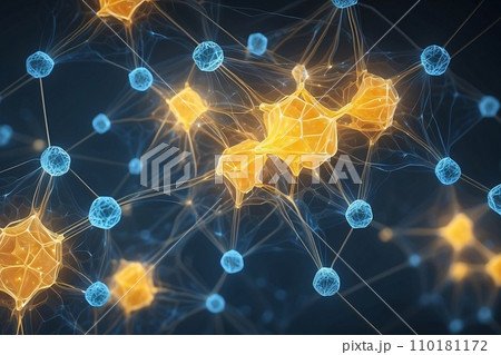 Abstract geometric background. DNA with hexagons. Structure of human brain cells, DNA neurons glowing light blue and yellow colors. Medicine, technology, communication concept. Abstract geometric background. DNA with hexagons. Structure of human brain cells, DNA neurons glowing light blue and yellow colors. Medicine, technology, communication concept. 110181172