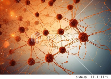 Abstract geometric background. DNA with hexagons. Structure of human brain cells, DNA neurons glowing light blue and yellow colors. Medicine, technology, communication concept. 110181179