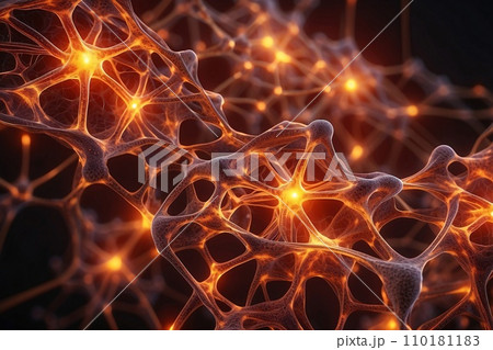 Abstract geometric background. DNA with hexagons. Structure of human brain cells, DNA neurons glowing light blue and yellow colors. Medicine, technology, communication concept. 110181183