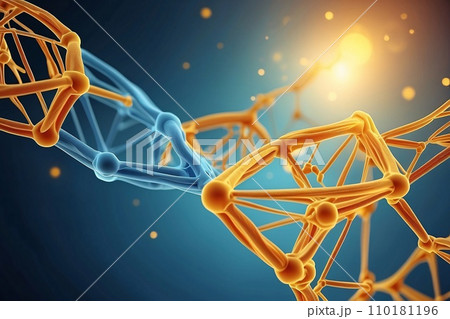 Abstract geometric background. DNA with hexagons. Structure of human brain cells, DNA neurons glowing light blue and yellow colors. Medicine, technology, communication concept. Abstract geometric background. DNA with hexagons. Structure of human brain cells, DNA neurons glowing light blue and yellow colors. Medicine, technology, communication concept. 110181196