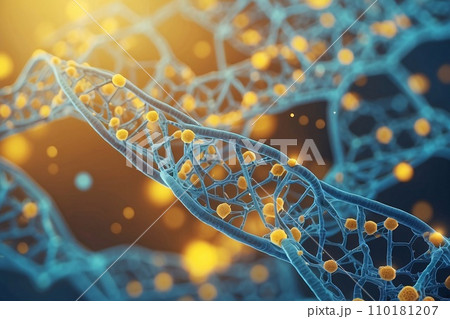 Abstract geometric background. DNA with hexagons. Structure of human brain cells, DNA neurons glowing light blue and yellow colors. Medicine, technology, communication concept. 110181207
