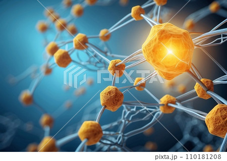 Abstract geometric background. DNA with hexagons. Structure of human brain cells, DNA neurons glowing light blue and yellow colors. Medicine, technology, communication concept. 110181208