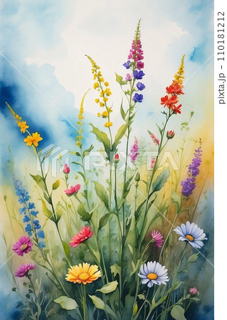 watercolor painting of a field of wildflowers on a rough, textured canvas. watercolor painting of a field of wildflowers on a rough, textured canvas. 110181212